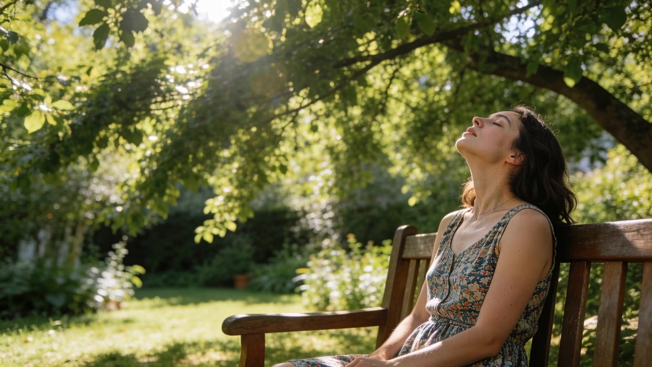 Luz del sol cambiante, mujer con vestido de verano estampado recostada en un banco en el jardín, espacio para texto