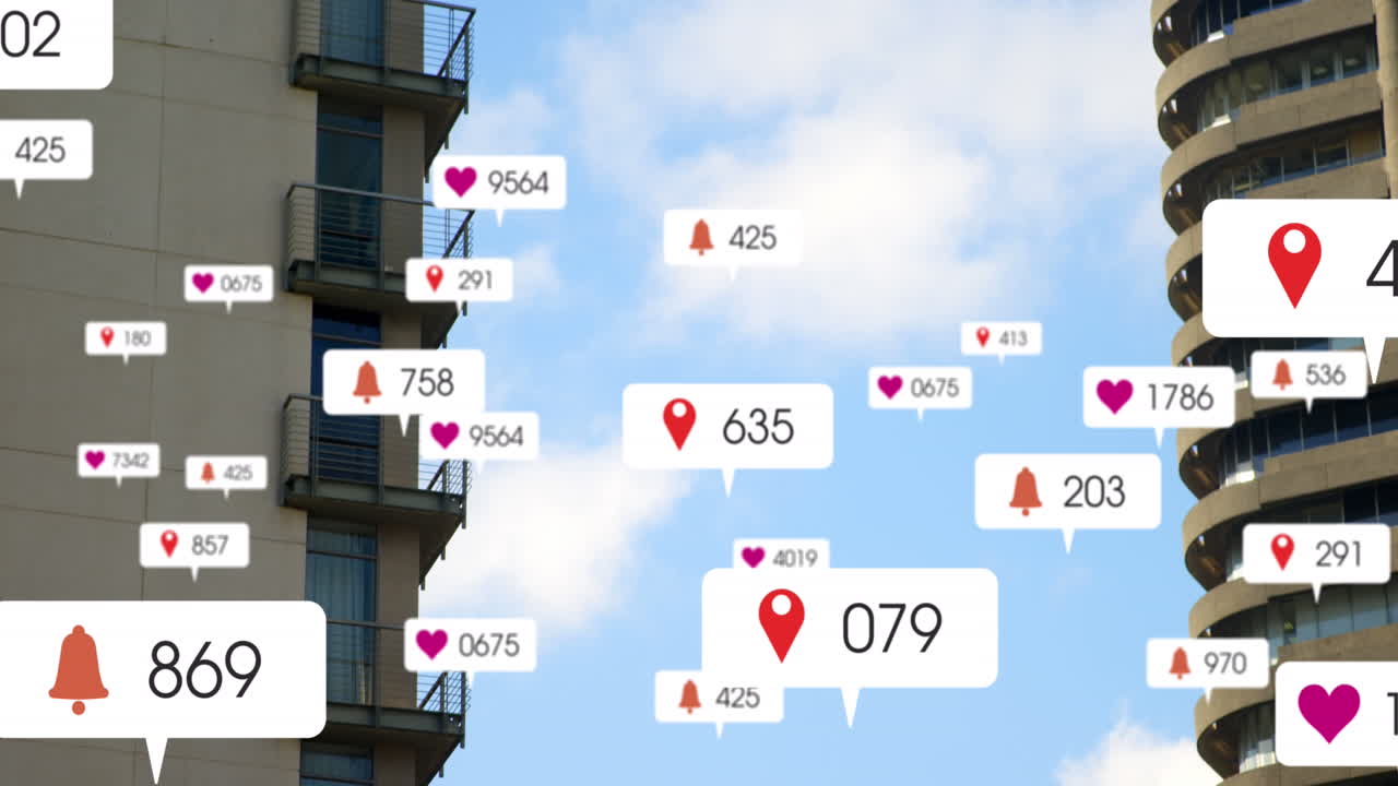 도시 풍경 위의 소셜 미디어 데이터 처리 애니메이션