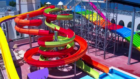 aerial shot of the water slide in the aquapark