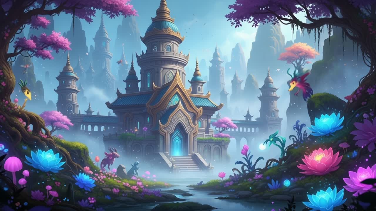 A Mystical Castle Surrounded by Enchanted Flora and Fauna in a Dreamlike Landscape, Featuring Vibrant Colors and a Serene Atmosphere of Wonder and Magic