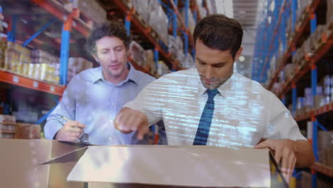 animación del procesamiento de datos sobre los hombres que trabajan en el almacén