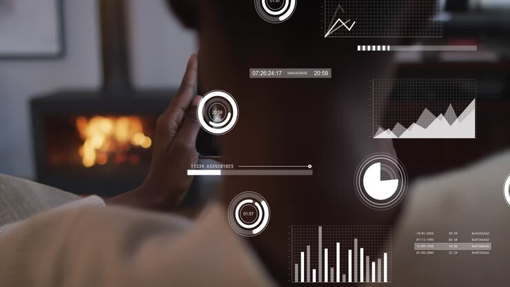 Animation of data processing against rear view of african american man using tablet at home