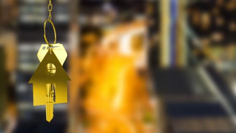 animation of hanging golden house keys against blurred view of night cityscape with copy space