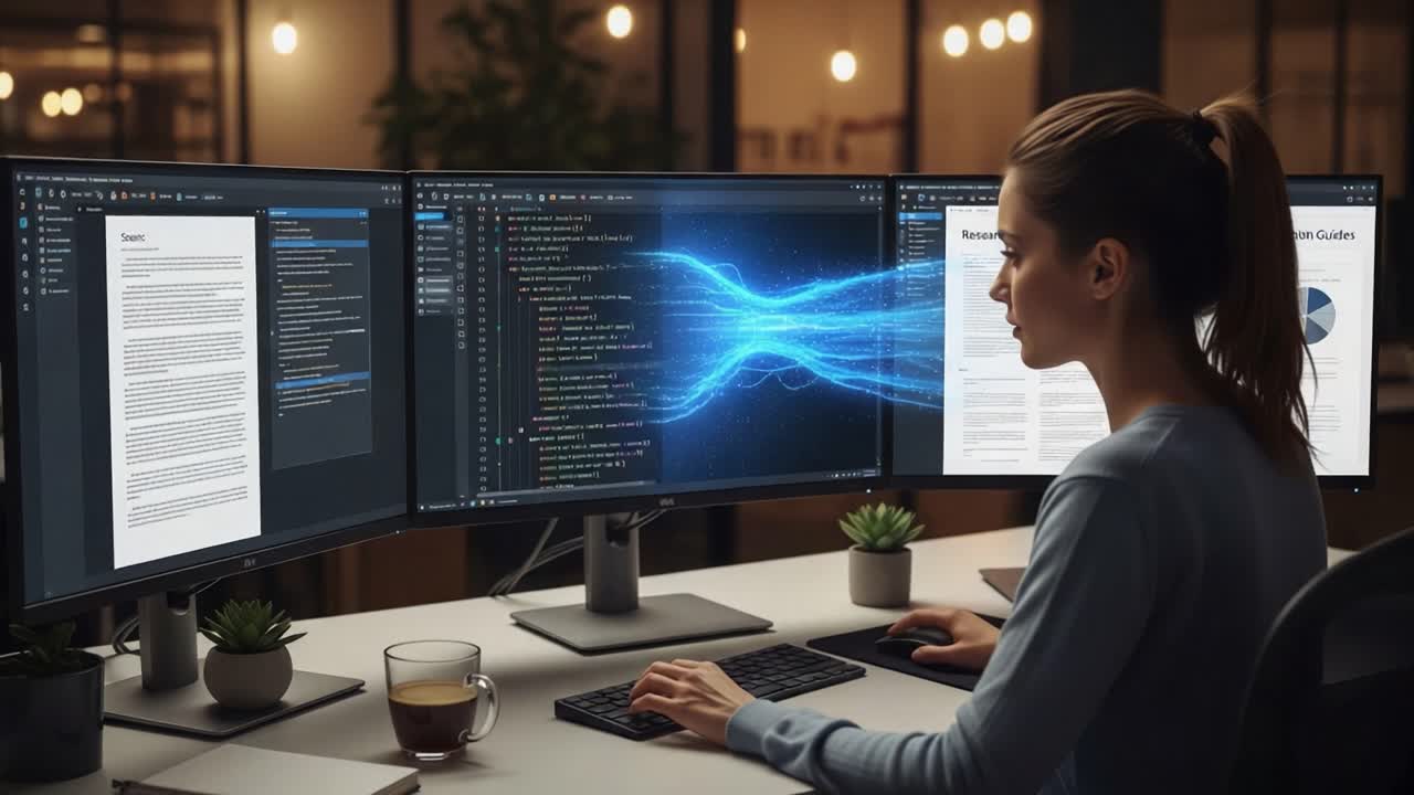 A Focused Individual Analyzes Data with Advanced Technology at a Modern Workspace Surrounded by Multiple Screens Displaying Information and Insights