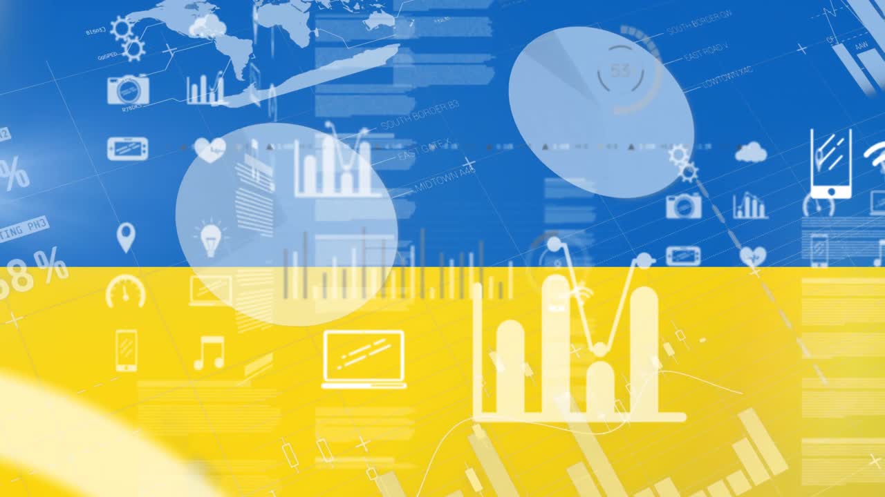 анимация иконок, графиков и финансовых данных над флагом украины
