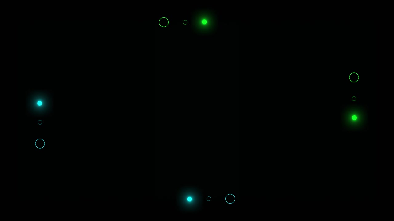 Minimal green cyan particle visual with floating luminous orbs subtle ring outlines and black