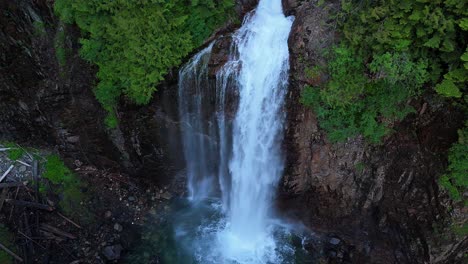 scenic stationary shot above waterfall flowing off cliff side surrounded by lush green trees in the pacific northwest