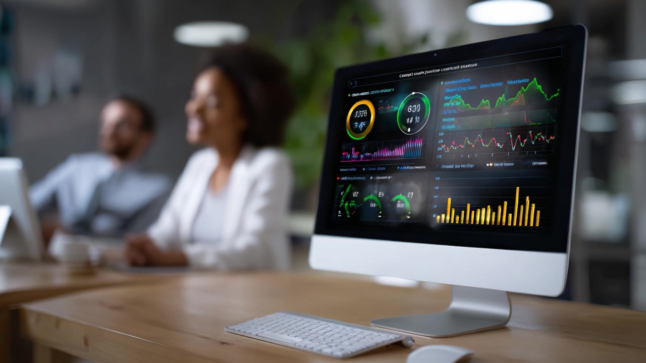 Data Analytics Dashboard Displaying Real-Time Metrics and Insights for Business Performance with Focused Professionals in Background