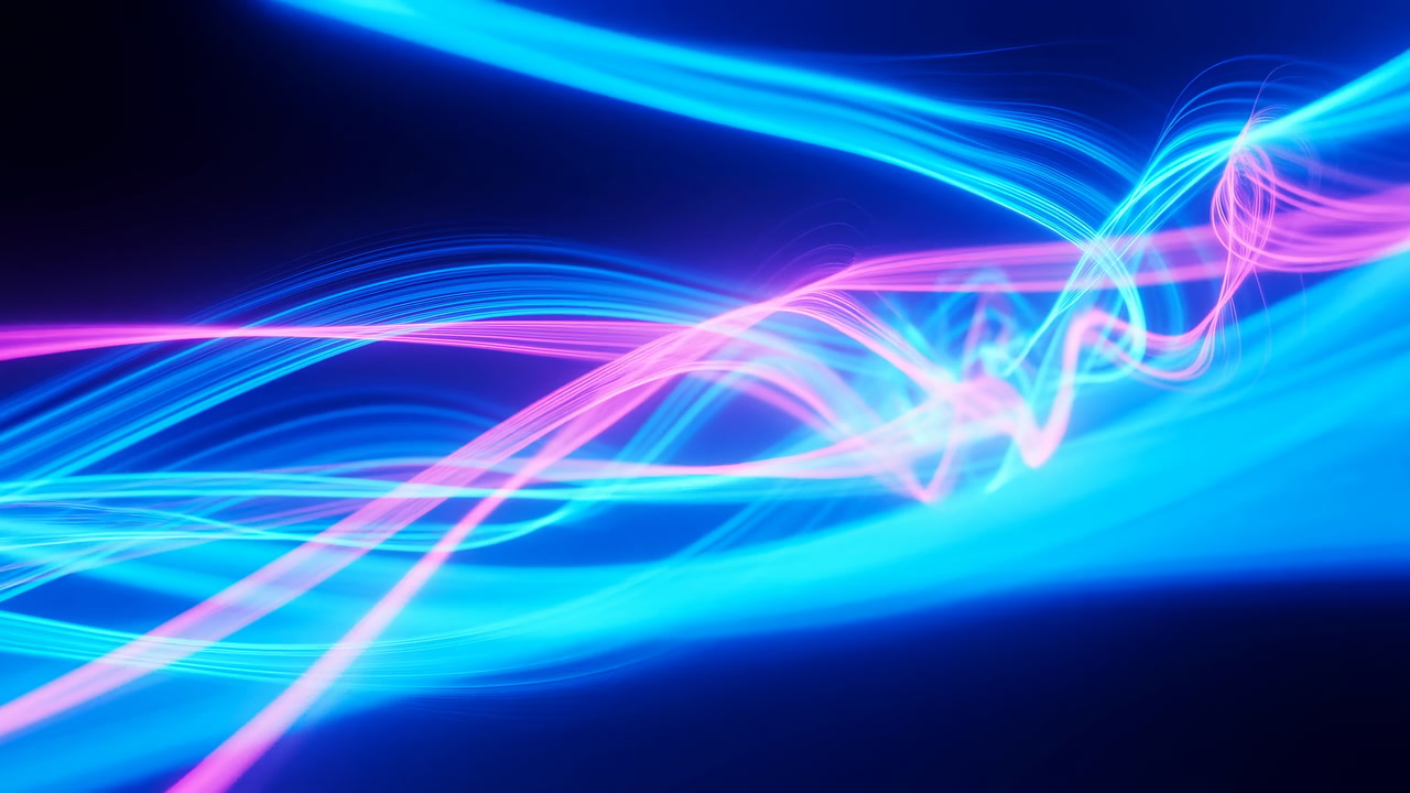 Vibrant Neon Light Ribbons Flowing Across Dark Background, Pulsing Blue And Magenta Streaks, Smooth Curves