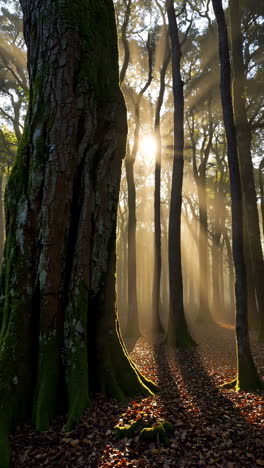 rayos de sol en un bosque de niebla