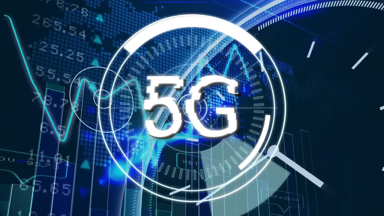5g scritto in mezzo a cerchi e grafici futuristici