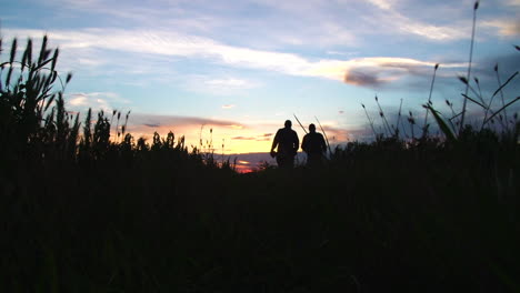 two men walking in a field with the sun setting in the distance