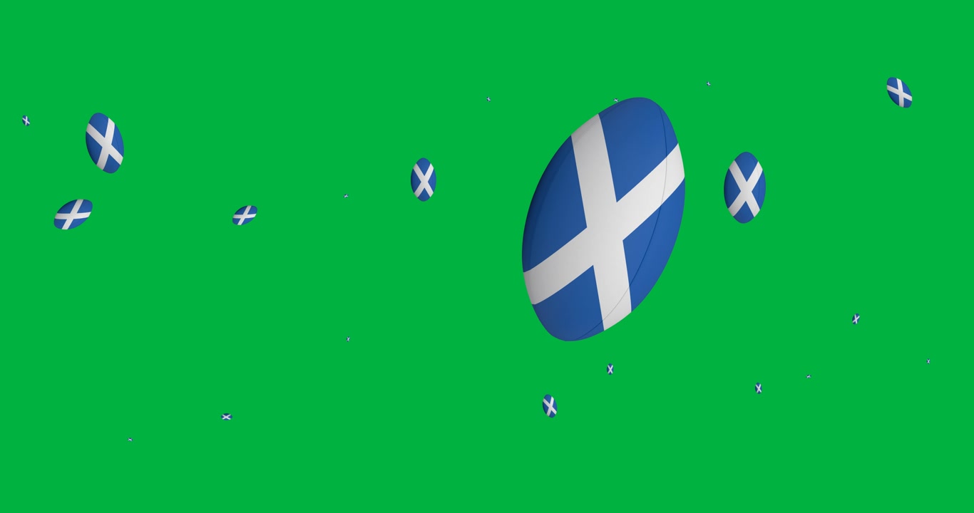 Multiple scotland rugby ball icons falling against copy space on transparent background