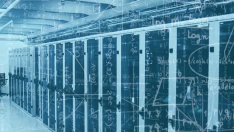 animazione di dati matematici e sala tecnica con server informatici