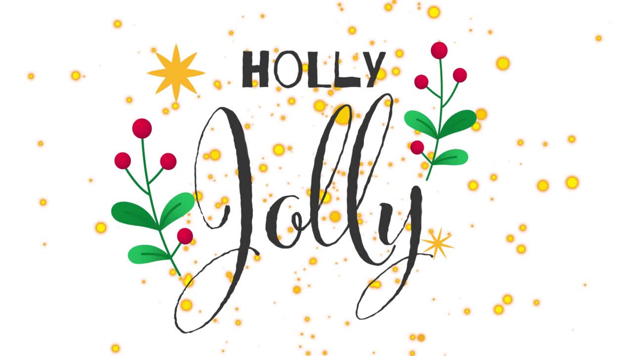 Yellow circles expanding into confetti swirl while HOLLY fading and Jolly forming festive greeting