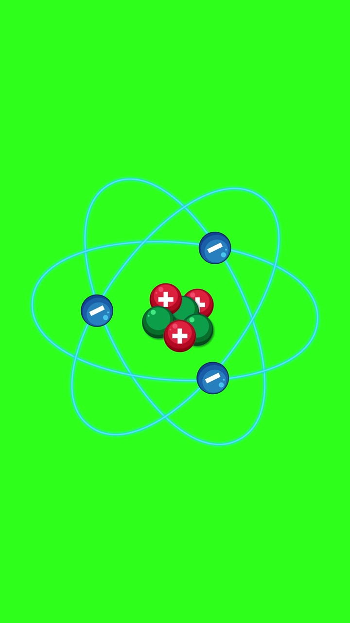Atom structure animation showing nucleus and electrons orbiting dynamically on a vibrant green background