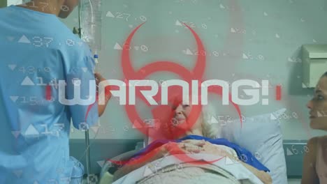 ¡advertencia de palabra! escrito sobre el signo de peligro para la salud sobre la paciente de edad avanzada en la cama del hospital covid19 cor