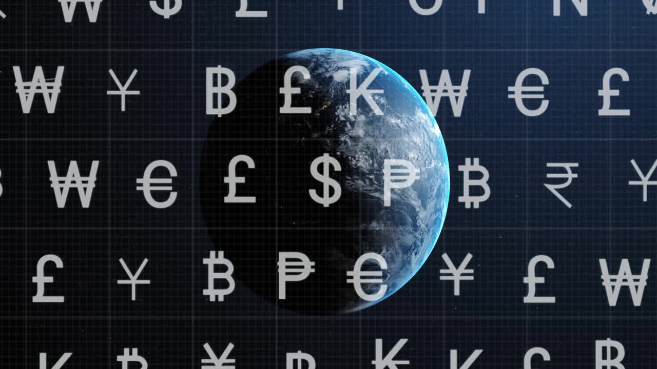 Animazione di simboli di valuta e elaborazione dati digitali su un globo su sfondo scuro