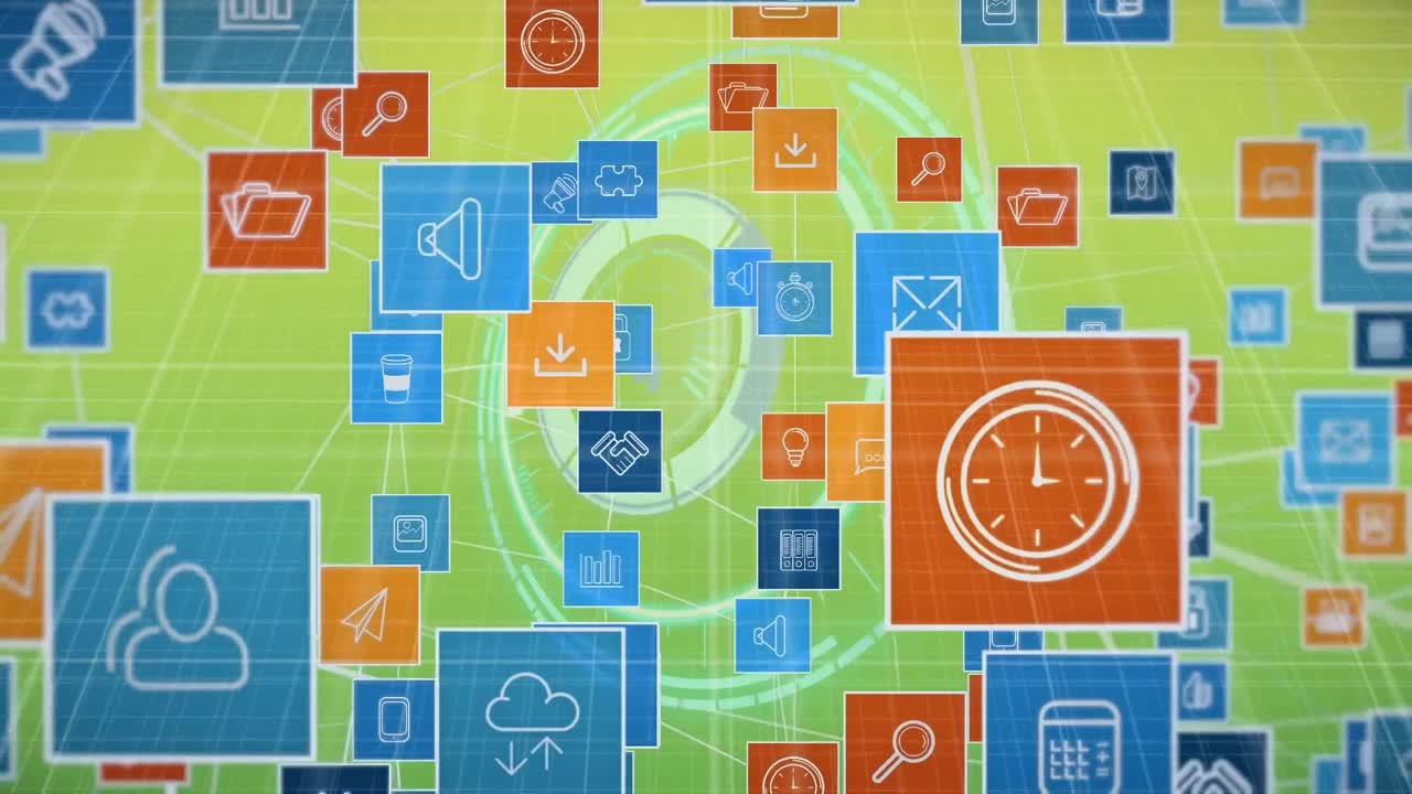 animación de iconos, datos y círculo de procesamiento sobre fondo verde