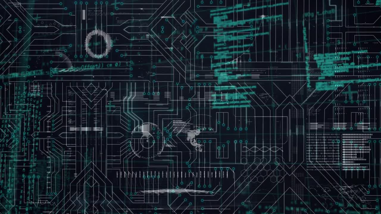 animación de la interfaz con procesamiento de datos a través de conexiones de microprocesador contra fondo negro