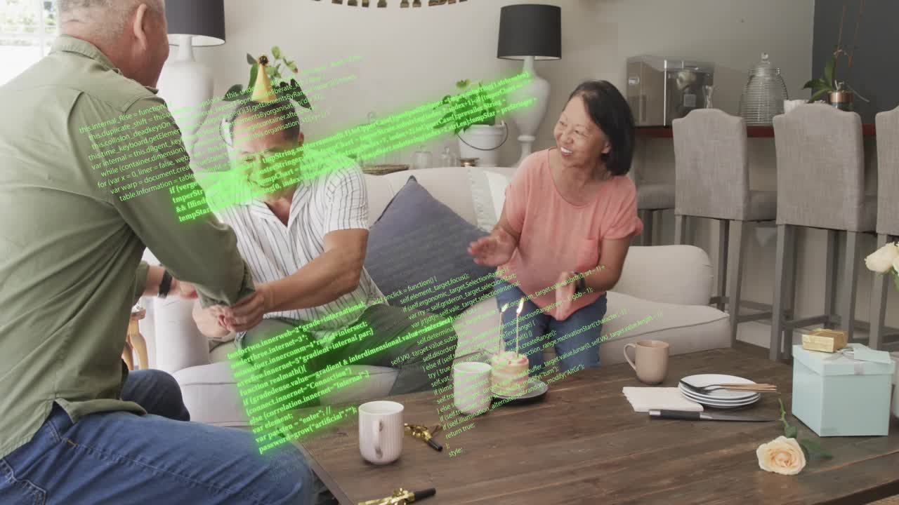 Man celebrating on sofa, woman bringing cake, placing, hugging, handshaking, tech code sweeping