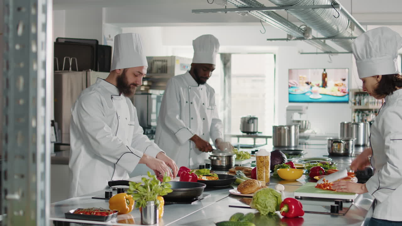 Man chef frying beef meat piece on stove in professional kitchen