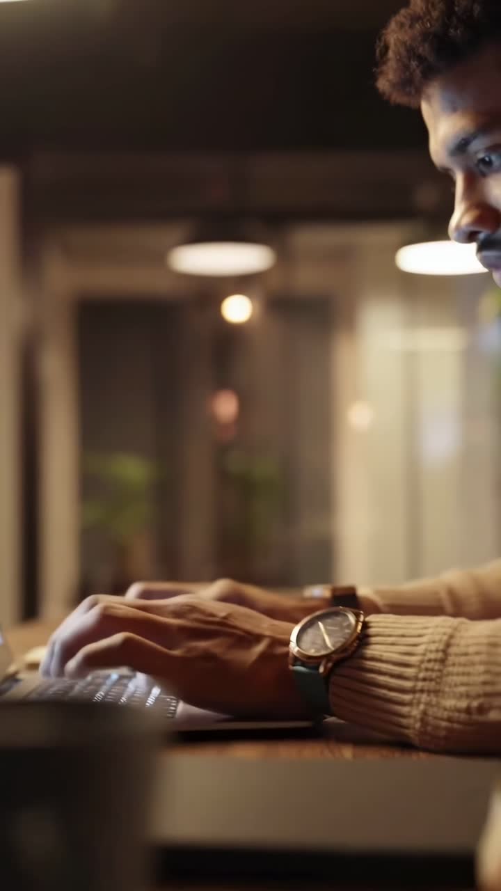 A focused man typing on a laptop, captured in a side-angle shot, perfect for tech video