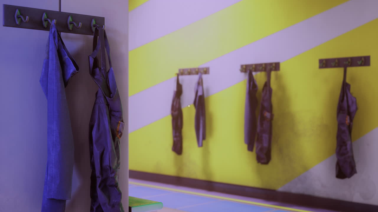 Colorful wall with hanging garments in a small creative space for activities