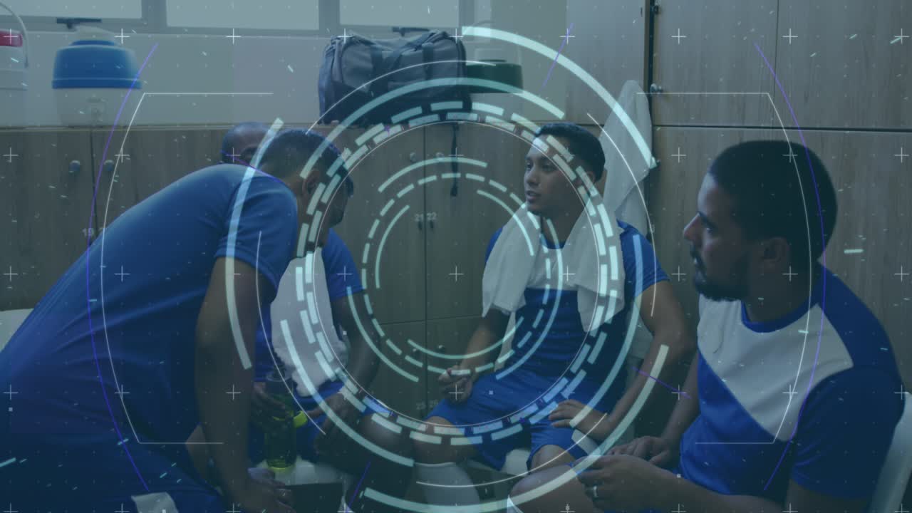 Animation of scope and data processing over diverse football players in changing room