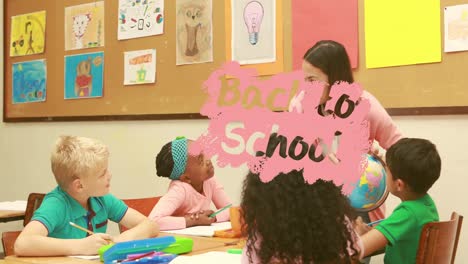 animation of back to school text over caucasian female teacher talking with diverse schoolchildren