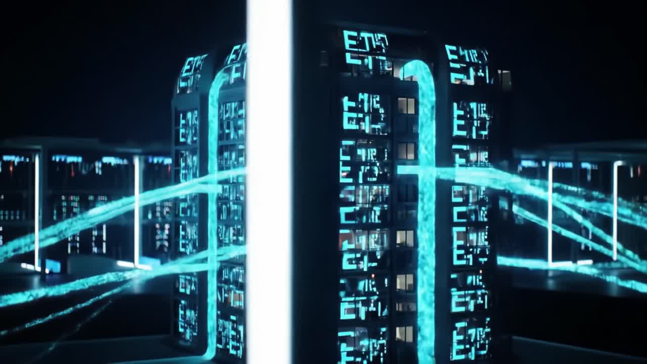 In a cutting-edge facility, glowing blue streams connect advanced data servers, showcasing complex technology at work. Innovative design meets functionality in this high-tech environment.