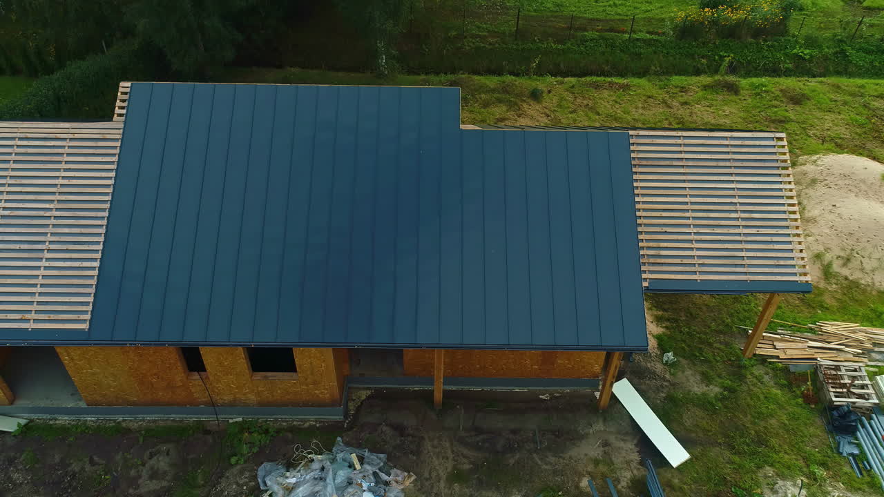 House Roof Under Construction - Aerial Drone Shot
