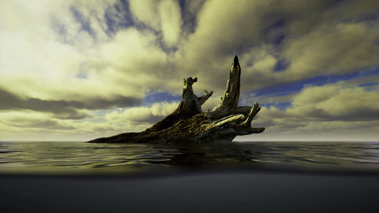 Wooden formation stands on water under dramatic sky during sunset