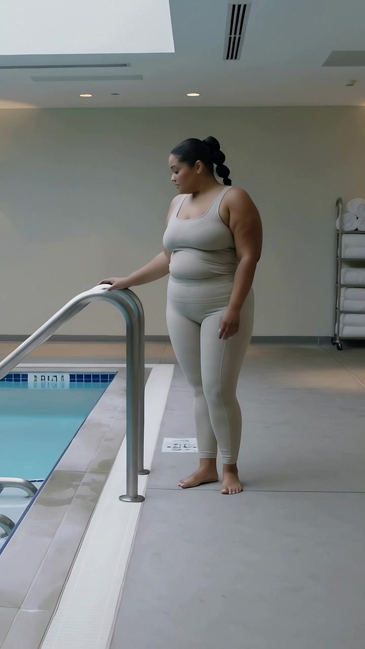 Video verticale: Donna che cammina in tenuta da palestra diretta verso la piscina, tocca il corrimano e controlla l'acqua con il telefono