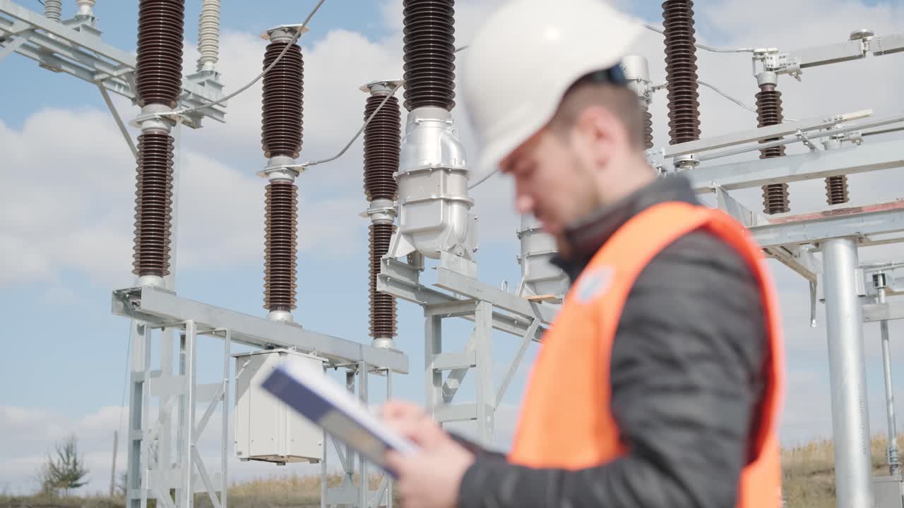 инженер, проверяющий оборудование электрической подстанции