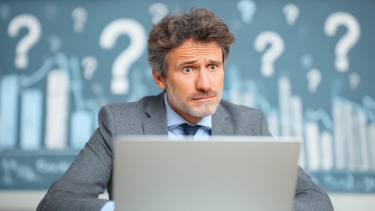 A Businessman in Deep Thought, Pondering Over Complex Data Representations with a Look of Concern and Uncertainty in a Contemporary Office Setting