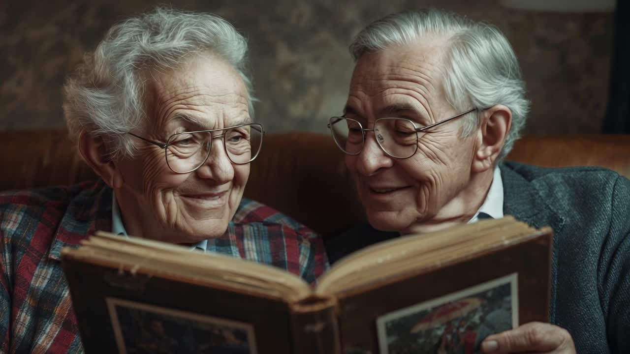 Opening album spine triggers elderly couple flipping through pages on brown sofa, sharing memories