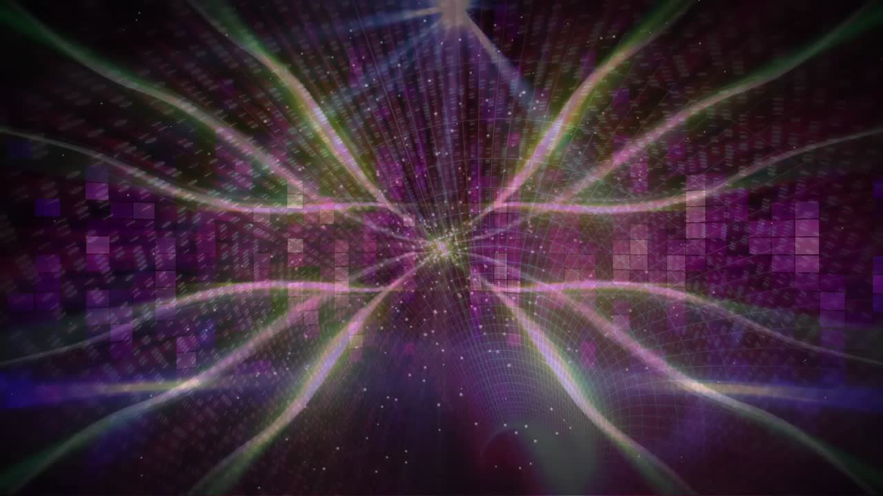 Animazione di punti luminosi e scie di luce con equalizzatore musicale grafico in movimento