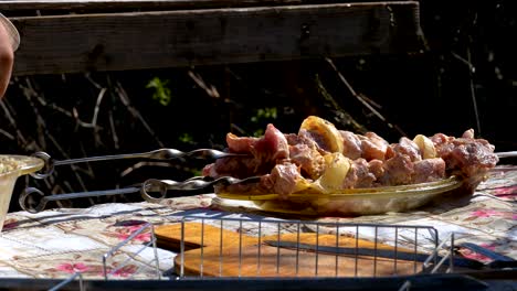 skewers with marinated raw kebab on the table outdoors in the village