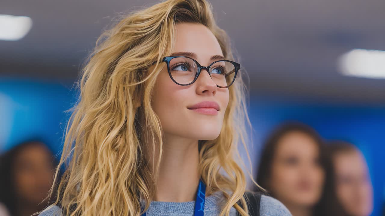 A Thoughtful Moment: A Young Woman with Glasses Lost in Contemplation at a Gathering, Representing Curiosity and Engagement in a Group Setting