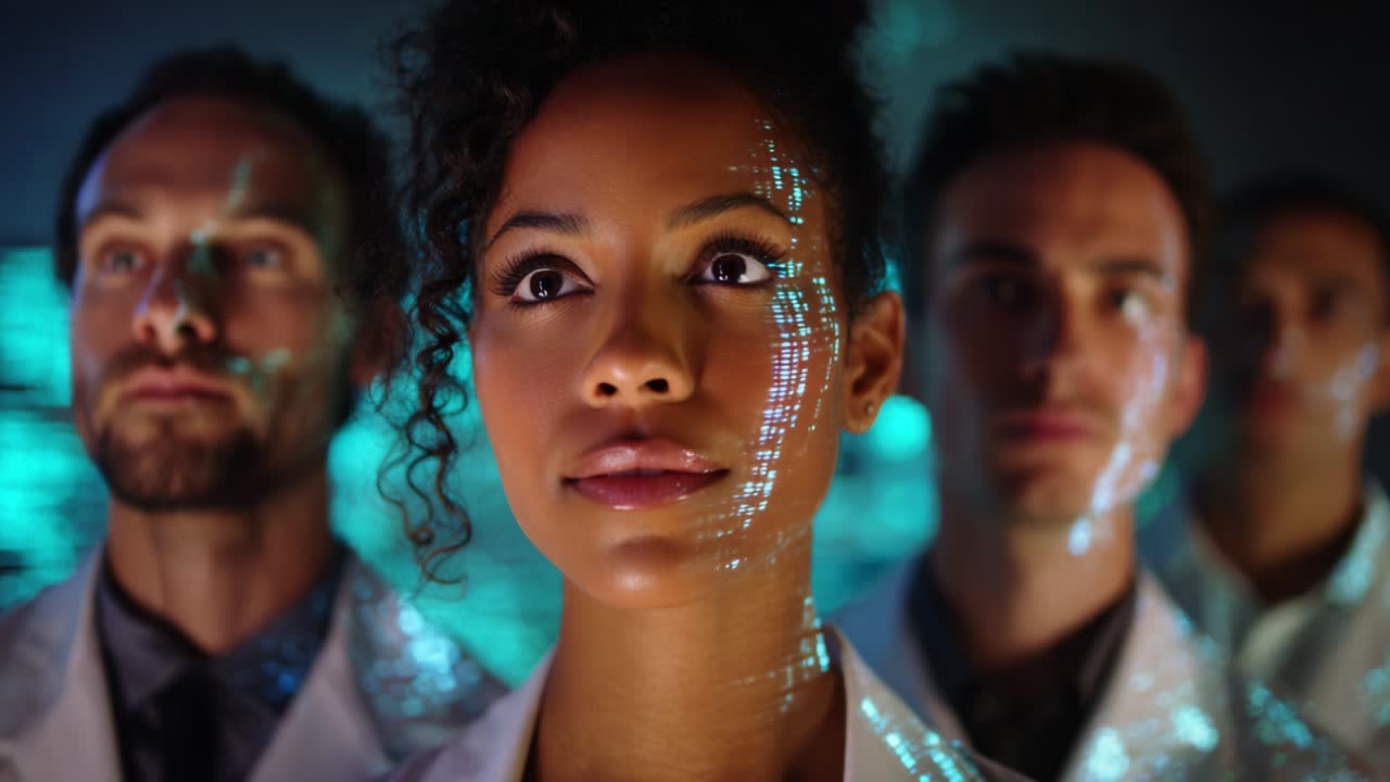 In a high-tech lab setting, a diverse group of scientists stands together, illuminated by vibrant projections of data and light on their faces, showcasing the fusion of technology and human intellect in research