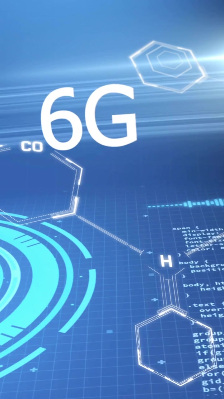 Animation of 6g text, scientific data processing over blue background