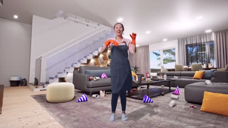 full body of cheerful asian female housekeeper with an apron dancing while standing in house
