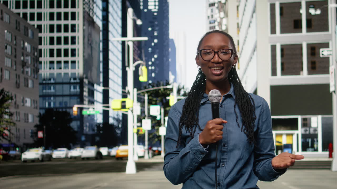 Intervieweuse noire souriante filmant un reportage en centre-ville, utilisant un micro