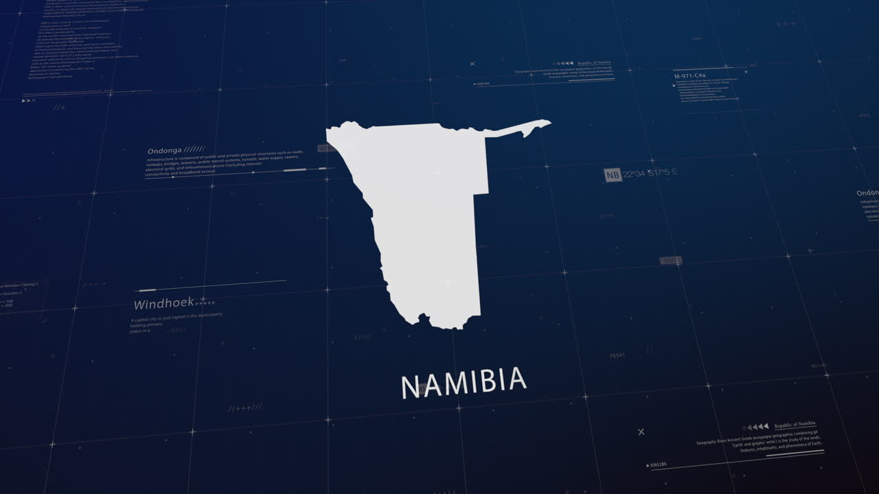 Namibia country map comes to life with cinematic panning, unveiling key details, the capital, and slogan, providing an engaging background for corporate and commercial use