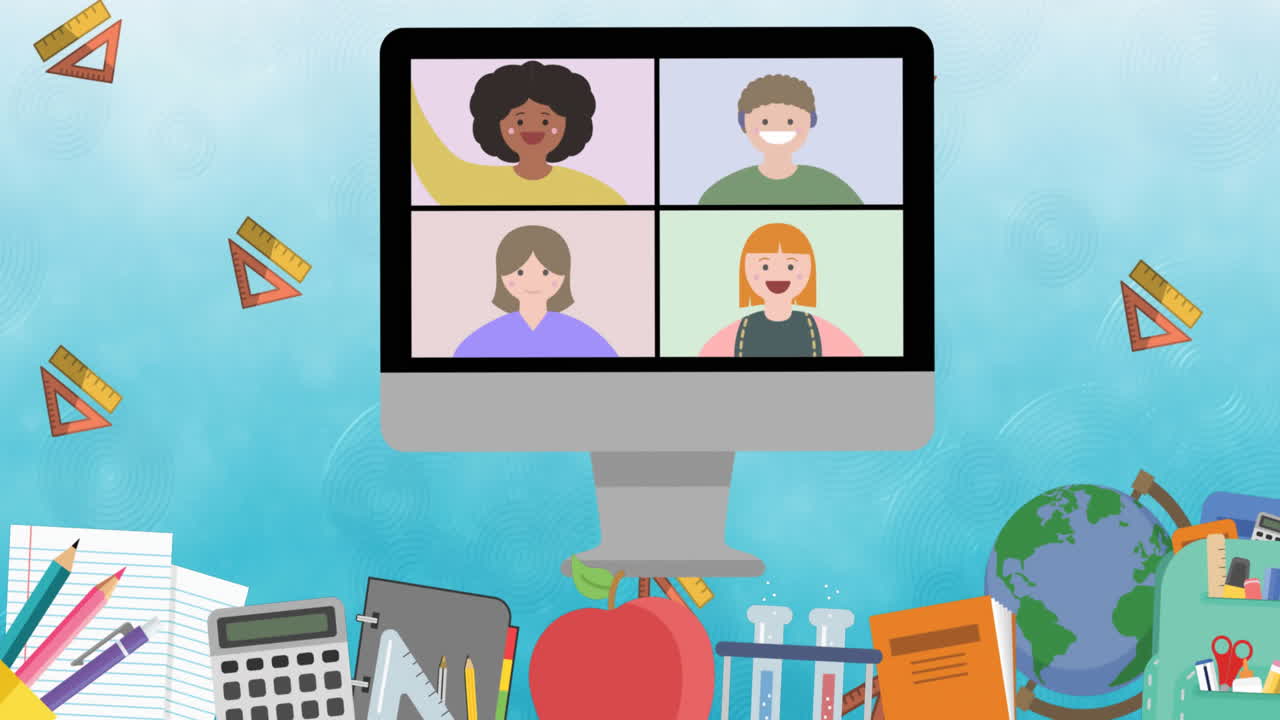 animación de los iconos de los artículos escolares que se mueven sobre un fondo azul