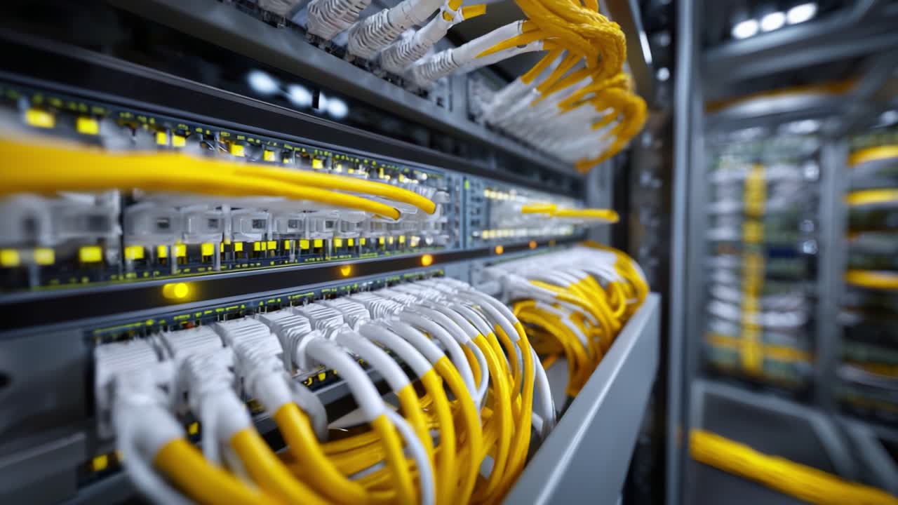 Close-up View of Network Switch Rack with Yellow Ethernet Cables and Data Connections Illuminated for Efficient Network Performance and Connectivity
