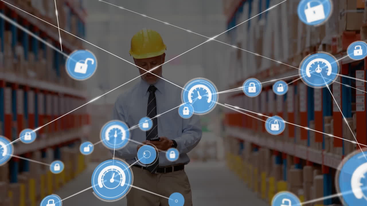 온라인 보안 아이콘과 백그라운드에서 작업자를 가진 네트워크 연결의 애니메이션