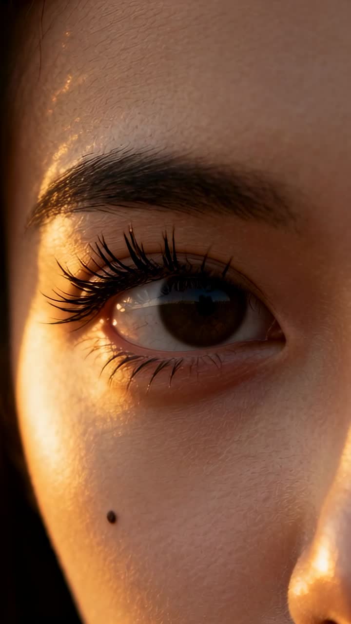 Vertical video: Woman making micro gaze shift and blinking after camera shift in beauty lash shot
