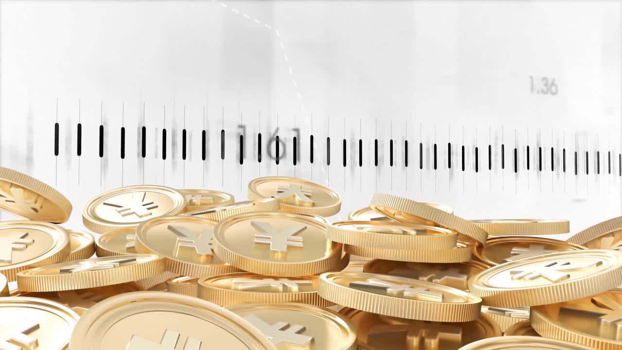 ⁇ 색 바탕에 있는 엔 동전 위의 금융 데이터 처리 애니메이션